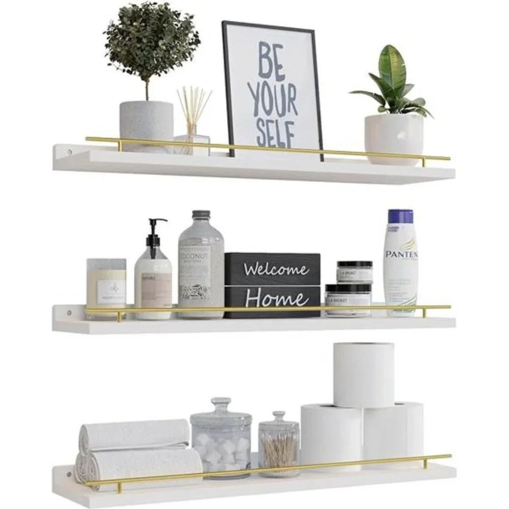 Floating Shelves 24 inches with‎ Gold Metal Guardrail, Wall Decor Set of 3